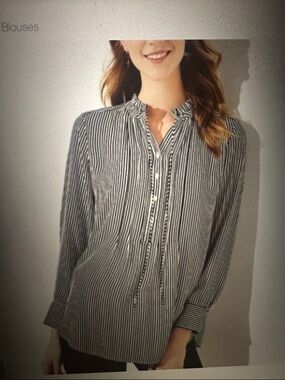 Ann Taylor LOFT Navy and White Striped L/S Pintuck Top, size Large
